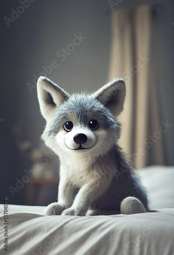 cute little gray wolf sitting on the bed in the bedroom, cartoon character
