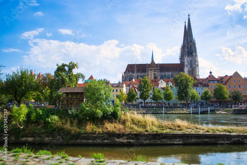 Regensburg Cathedral on a sunny day seen from the river