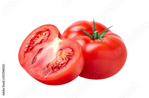 Tomato vegetables isolated on white or transparent background. Two fresh tomatoes whole and cut half.