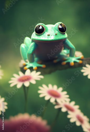 cute little green frog sitting in flowers, cartoon character © barinovalena