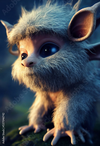cute fluffy forest troll gremlin cartoon character on forest background, 3d rendering © barinovalena