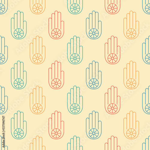 Seamless pattern with Ahimsa hand. Symbol of Jainism in retro color. Symbol of Ahimsa. Non-violence concept. Vintage design for print on fabric, wrapping paper, wallpaper. Vector illustration © Irina Klymenko