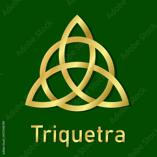 Triquetra icon. Celtic knot sign isolated on green background. Icon trefoil in gradient gold color. Scandinavian protective amulet. Banner with nordic tattoos. Vector illustration
