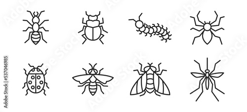 Bug line icon set. Ant, mosquito, spider, wasp, fly, ladybug, bee, cuterpillar. Vector EPS 10
