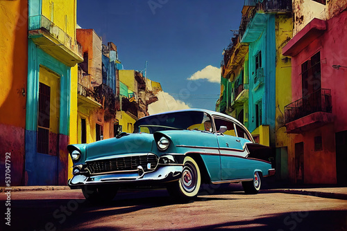 AI generated image of a classic American car parked in a colorful street in Havana, Cuba  © Amith