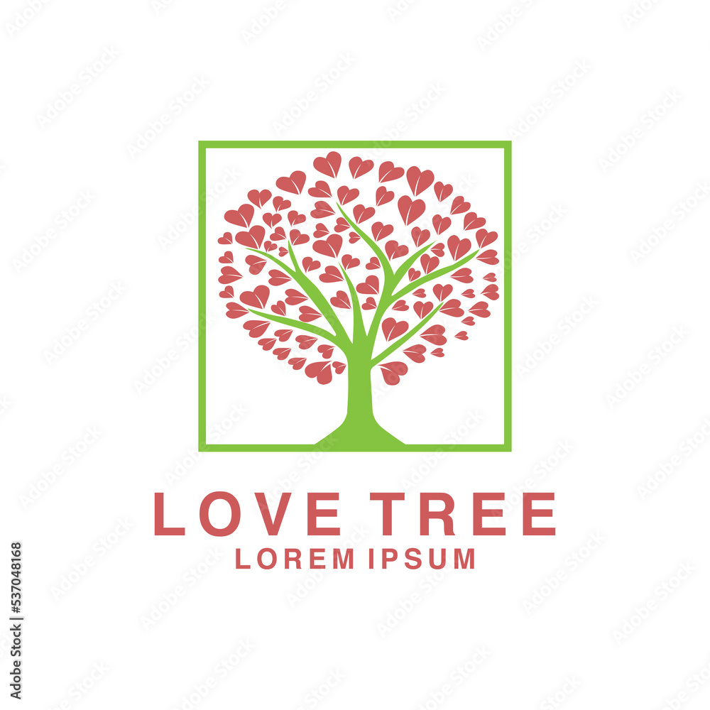 Obraz premium tree logo. tree icon. tree logo with love leaf sign. valentine logo art tree logo illustration - Vector