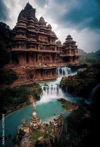 AI generated image of a grand ancient palace in south India  with a grand waterfall flowing through it 