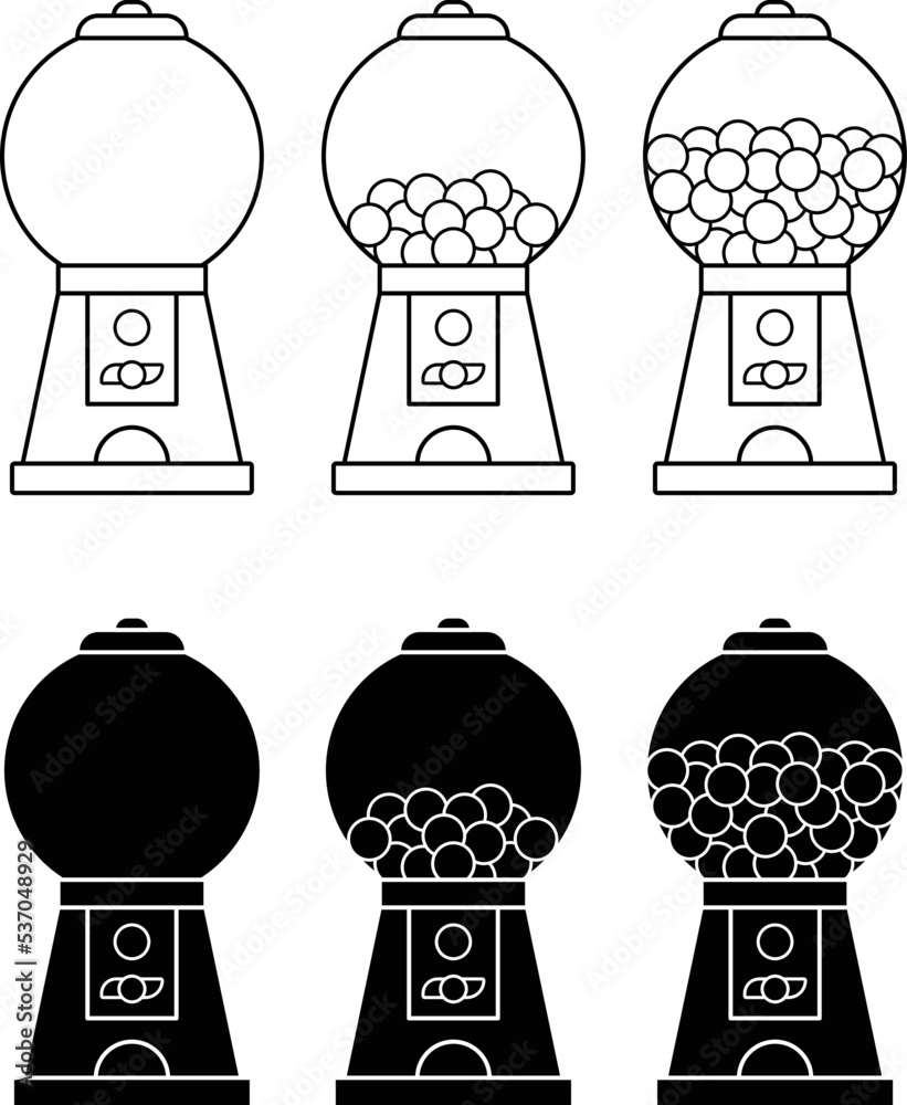 Gumball Vending Machine Clipart Set Outline and Silhouette Stock