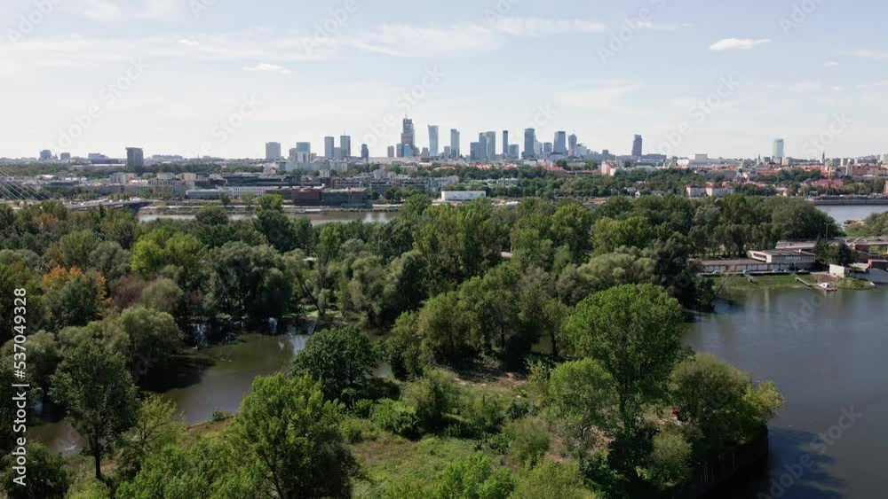 Warsaw aerial view over river and downtown skyline with skyscrapers, Panoramic cityscape of Warshawa city at summer day Warsaw aerial view over river and downtown skyline with skyscrapers, Panoramic cityscape of Warshawa city at summer day
