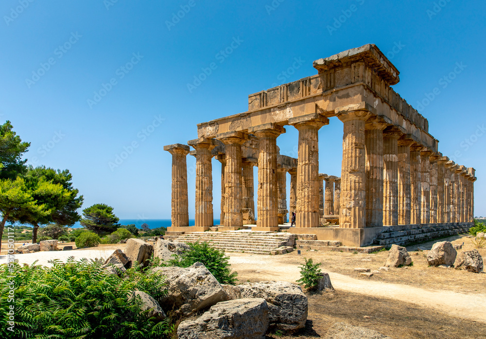 Castelvetrano, Sicily, Italy - July 11, 2020: Ruins in Selinunte, archaeological site and ancient Greek city in Sicily, Italy