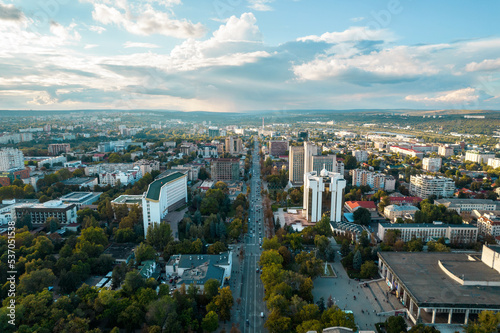 Aerial drone view of Chisinau at sunset, Moldova