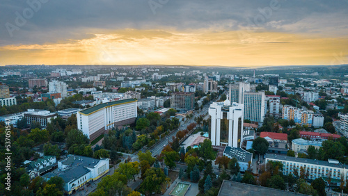 Aerial drone view of Chisinau at sunset, Moldova