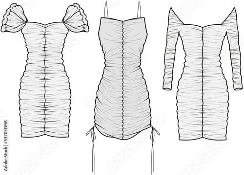 Ruched Dress, Gathered Bodycon Dress, Tight Party Dress Set Fashion Illustration, Vector, CAD, Technical Drawing, Flat Drawing, Template, Mockup.