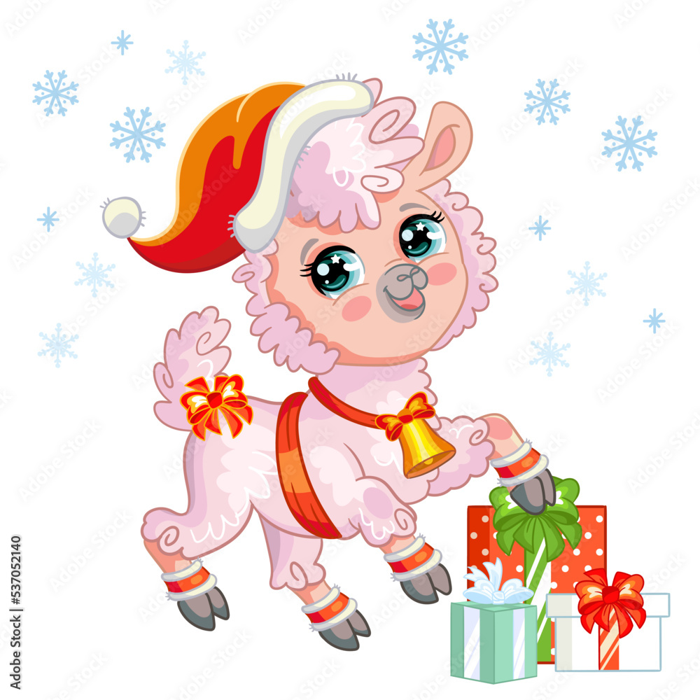 Christmas cute pink llama with gifts vector illustration Christmas cute pink llama with gifts vector illustration