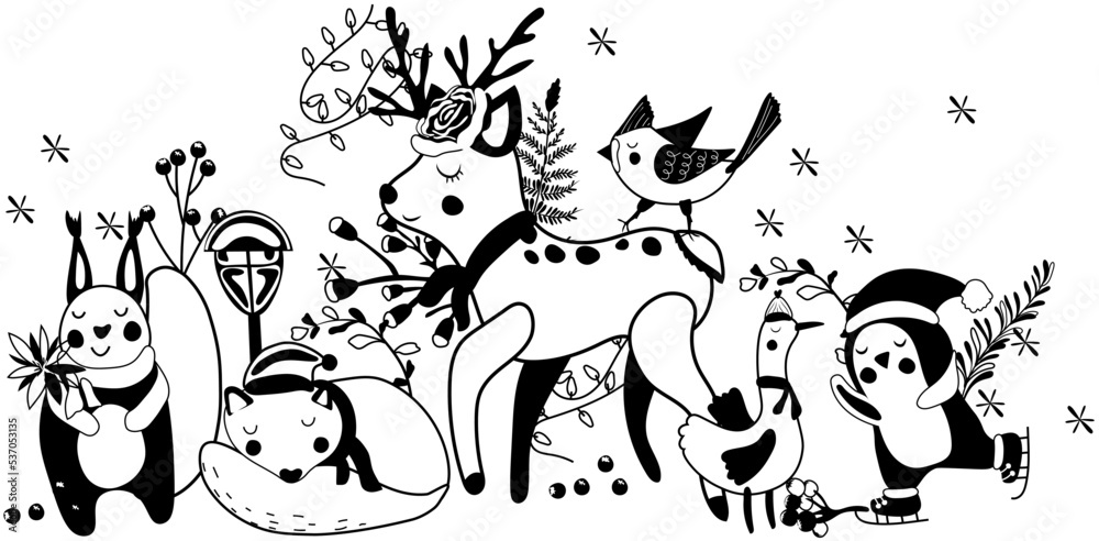 Black and white a funny reindeer, cute arctic penguin in a hat on skates, sleeping wolf, squirrel, leaves and other. Concept Christmas and New Year.Perfect for greeting cards, poster, postcard, banner Black and white a funny reindeer, cute arctic penguin in a hat on skates, sleeping wolf, squirrel, leaves and other. Concept Christmas and New Year.Perfect for greeting cards, poster, postcard, banner