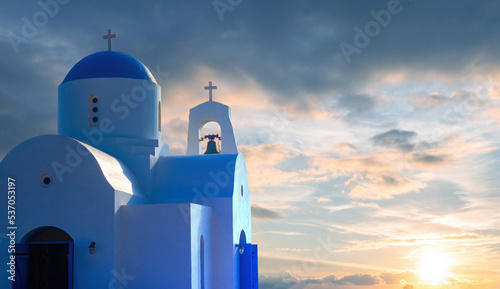 Church of Cyprus. Sights of Protaras. White Church at sunset. Orthodox temple on island of Cyprus. Christian church in minimalist style. Travel in Cyprus. Tour to Protaras. Cypriot tourism photo