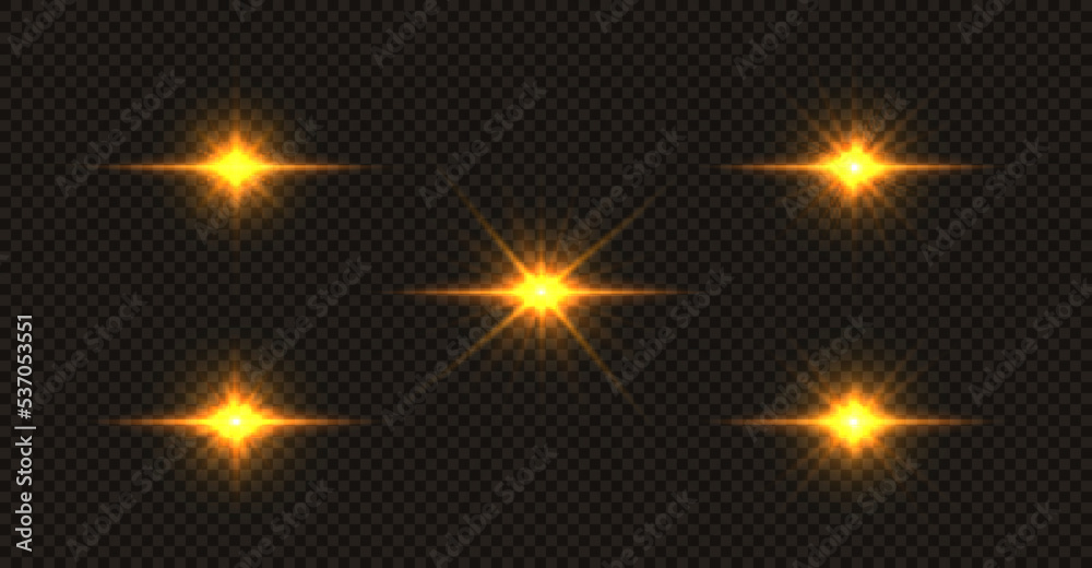Set of shining golden stars. Light Effect Bright Star, Christmas Star.