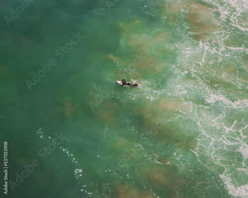 Aerial view of surfers, Bidart, France.