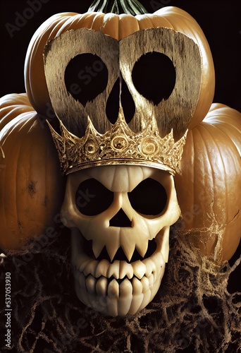 Photorealistic Halloween pumpkin in the shape of a human skull with gold elements , dark background, Jack o Lantern, 3d illustration