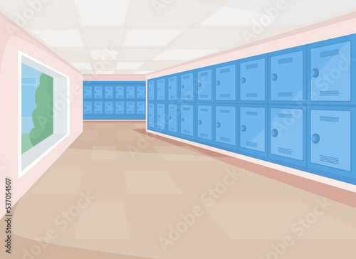 Empty school passageway flat color raster illustration. Educational space, high school lobby. College hallway with no people 2D cartoon interior with private lockers row on background