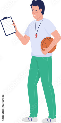 School coach semi flat color raster character. Standing figure. Full body person on white. Trainer holds clipboard and ball isolated modern cartoon style illustration for graphic design and animation