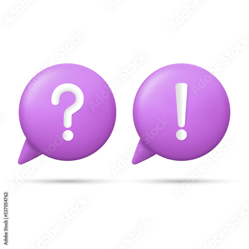 3D Speech bubbles with question marks and exclamation points. FAQ, support, help concept. 3d vector icon.