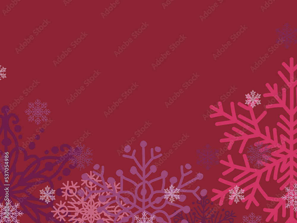 Fototapeta premium pink snowflakes on dark red ground winter or christmas bakground