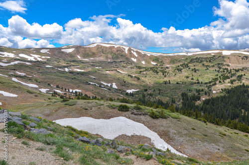 Loveland valley and Rocky Mountains snowy peaks scenic view from Loveland Pass (Summit County, Colorado)