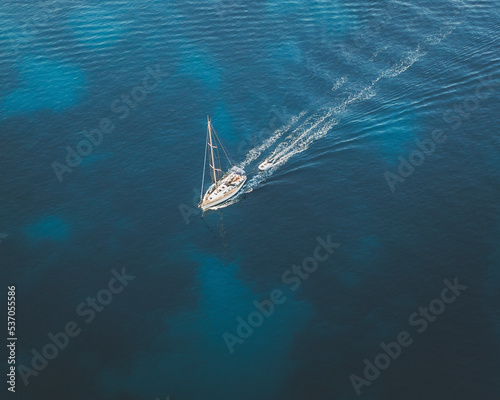 Aerial view of a sailboat, Port Andratx, Mallorca, Spain.