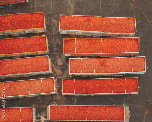 Aerial view of a tomato factory, Pozzolo, Farmigaro, Italy. photo