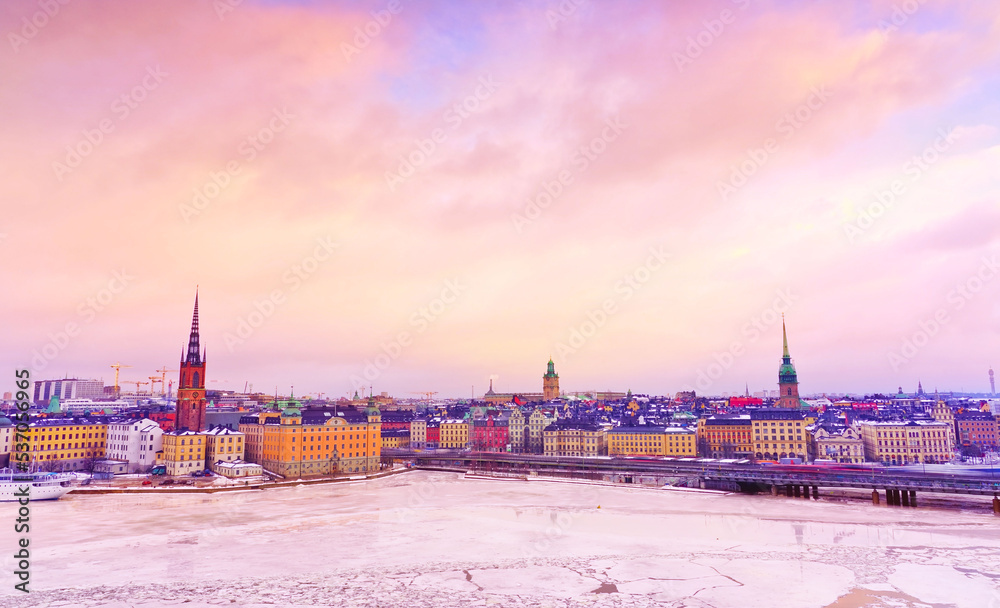 Fototapeta premium View of Stockholm, Sweden at sunrise in winter.