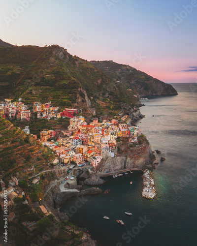Aerial view of the village of Manarola, Cinque Terre, Italy.