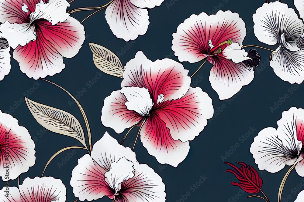 Flowers and leaves seamless pattern. Fabric colorful illustration texture. Hibiscus, peony, orchids, small floral bouquet elements and beautiful leaves on white background. Flowers and leaves seamless pattern. Fabric colorful illustration texture. Hibiscus, peony, orchids, small floral bouquet elements and beautiful leaves on white background.