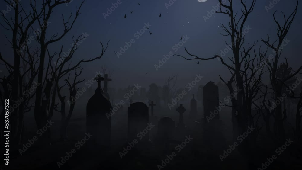 3d illustration. Birds are circling over an old abandoned cemetery under a full moon.