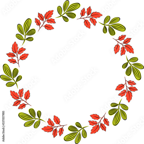 Colorful Autumnal wreath in round frame with leaves foliage. Simple cartoon flat style. Autumn composition. Holiday concept. Celebration banner. Thanksgiving day. Isolated on white.