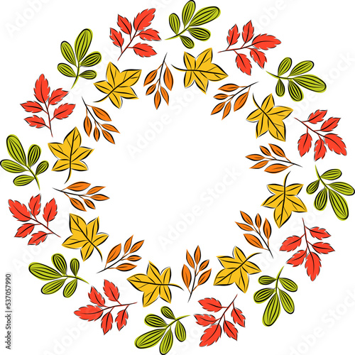 Colorful Autumnal wreath in round frame with leaves foliage. Simple cartoon flat style. Autumn composition. Holiday concept. Celebration banner. Thanksgiving day. Isolated on white.