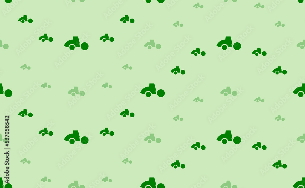 Seamless pattern of large and small green road roller symbols. The elements are arranged in a wavy. Vector illustration on light green background