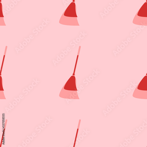 Seamless pattern of large isolated red broom symbols. The elements are evenly spaced. Vector illustration on light red background