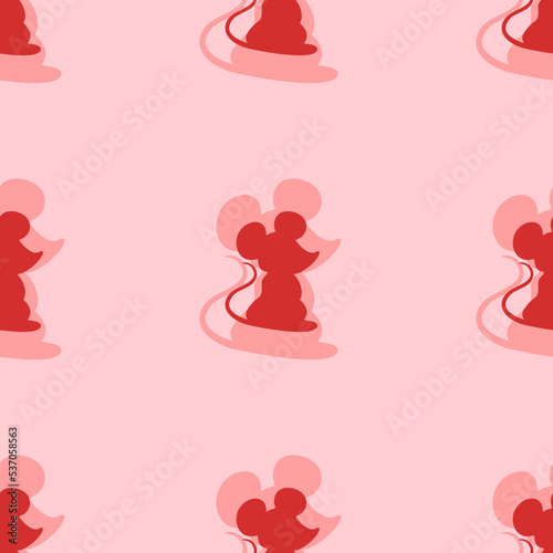 Seamless pattern of large isolated red mouse symbols. The elements are evenly spaced. Vector illustration on light red background
