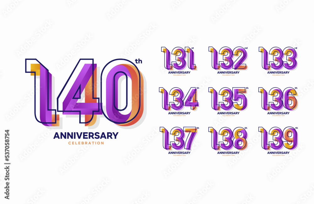 Colorful anniversary celebration logotype set. 131, 132, 133, 134, 135, 136, 137, 138, 139, 140