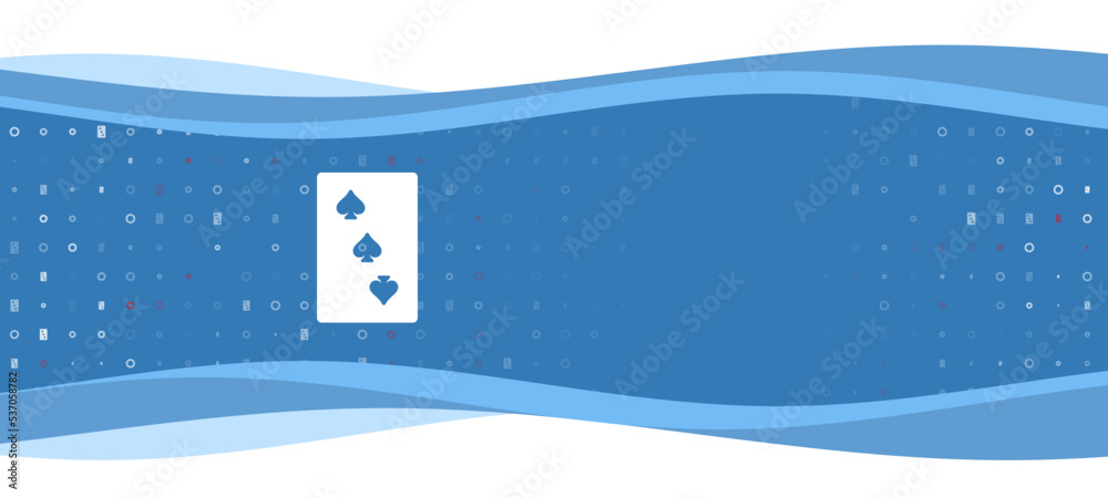 Blue wavy banner with a white Three of Spades playing symbol on the left. On the background there are small white shapes, some are highlighted in red. There is an empty space for text on the right