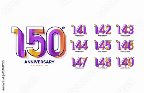 Colorful anniversary celebration logotype set. 141, 142, 143, 144, 145, 146, 147, 148, 149, 150