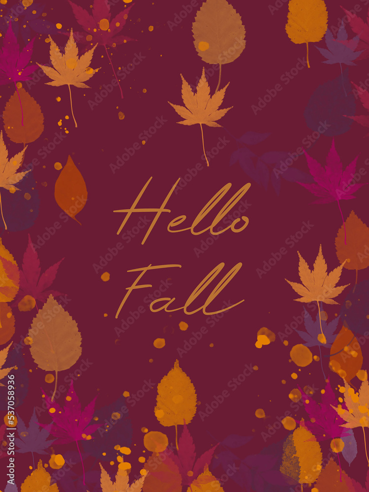 yellow hello fall text on dark pink ground with colorful autumn leaves