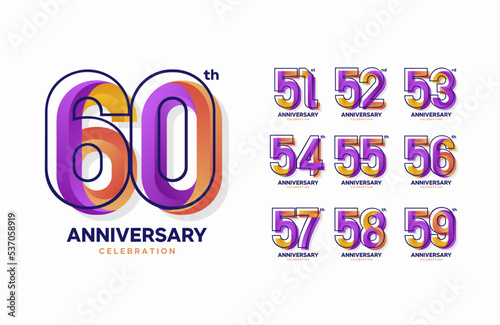 Colorful anniversary celebration logotype set. 51, 52, 53, 54, 55, 56, 57, 58, 59, 60 photo