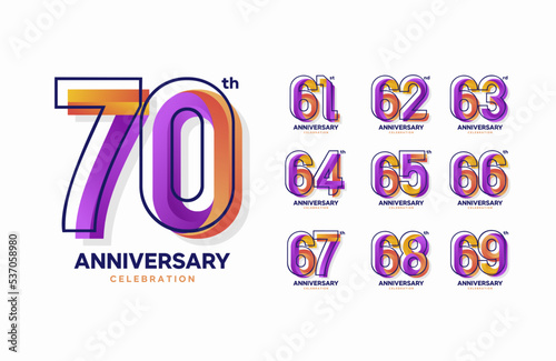 Colorful anniversary celebration logotype set. 61, 62, 63, 64, 65, 66, 67, 68, 69, 70 photo