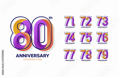 Colorful anniversary celebration logotype set. 71, 72, 73, 74, 75, 76, 77, 78, 79, 80