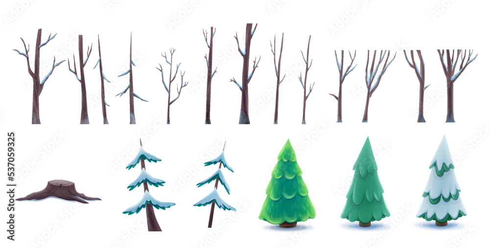 set of forest trees with snow banner for christmas