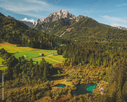 Aerial view of the Zelenci mountain lake, Slovenia. photo