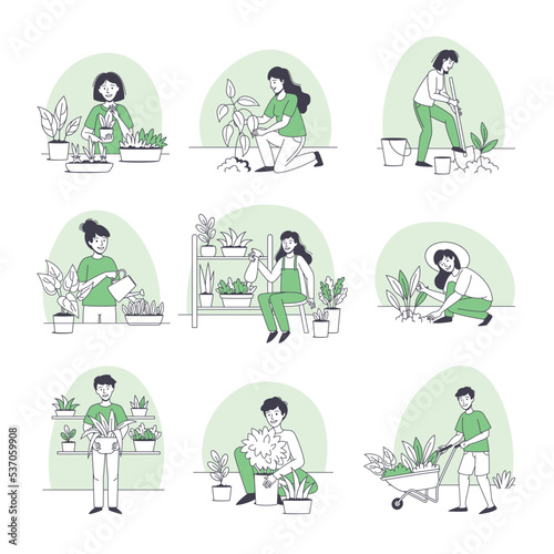 People Character Planting Growing and Cultivating House Greenery Outline Vector Set