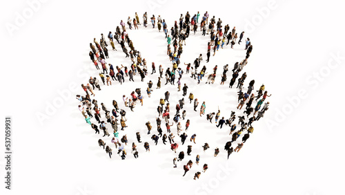 Concept or conceptual large gathering of people forming an image of a four-leafed clover.  A 3d illustration metaphor for good luck  faith  hope  love  tradition  nature  growth and spring